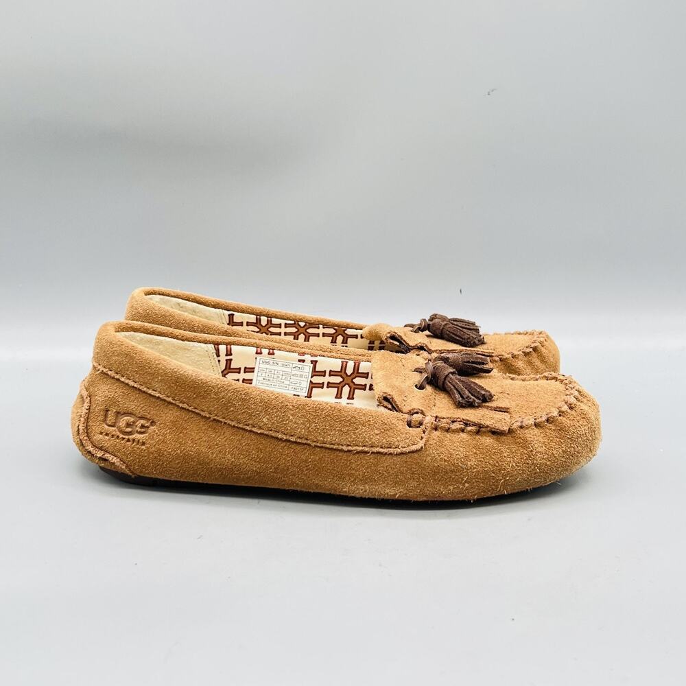 UGG Shoes Womens 8 Brown Suede Moccasin Tassel Shearling Lined Slippers Cozy